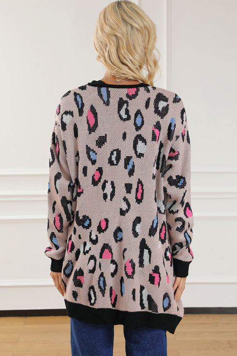 Leopard Contrast Trim Pocketed Open Cardigan